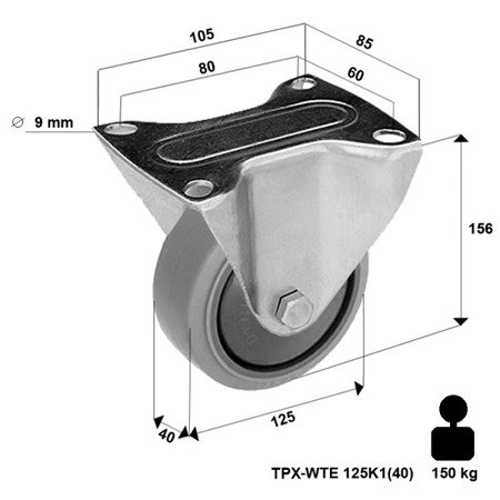 Bockrolle rostfrei mit Plattenbefestigung TPX-WTE 125K1(40) mit thermoplastischem Gummi/ Tragfähigkeit 150kg / 125mm/ Kugellager