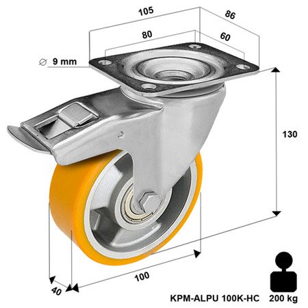 Lenkrolle mit Bremssystem KPM-ALPU 100K-HC mit gegossenem Polyurethan-Laufbelag Tragfähigkeit 200kg /Durchmesser 100mm/ Doppelkugellager