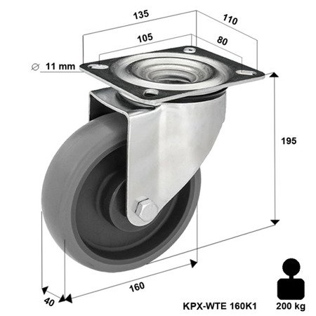 Lenkrolle rostfrei mit Plattenbefestigung KPX-WTE 160K1 mit thermoplastischem Gummi/ Tragfähigkeit 200kg / 160mm/ Kugellager