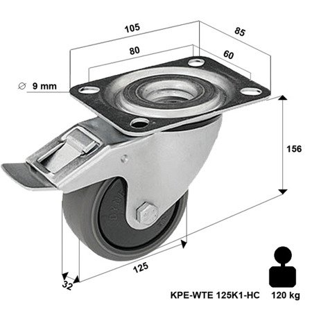 Lenkrolle rostfrei mit Plattenbefestigung und Bremssystem KPE-WTE 125K1-HC mit thermoplastischem Gummi/ Tragfähigkeit 120kg / 125mm/ Kugellager