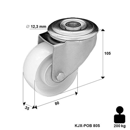  Edelstahlrolle mit Bolzenbefestigung KJX-POB 80S mit Polyamid-Rad/ Tragfähigkeit 200kg / 80mm / Gleitlager