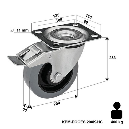 Lenkrolle mit Plattenbefestigung KPM-POOGES 200K-HC mit Elastik-Vollgummireifen. Tragfähigkeit 400kg / 200mm/ Doppelkugellager