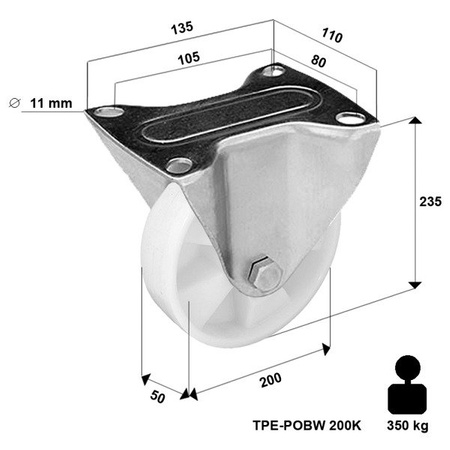 Bockrolle mit Plattenbefestigung TPE-POBW 200K mit Polyamid-Rad/ Tragfähigkeit 350kg / 200mm / Doppelkugellager