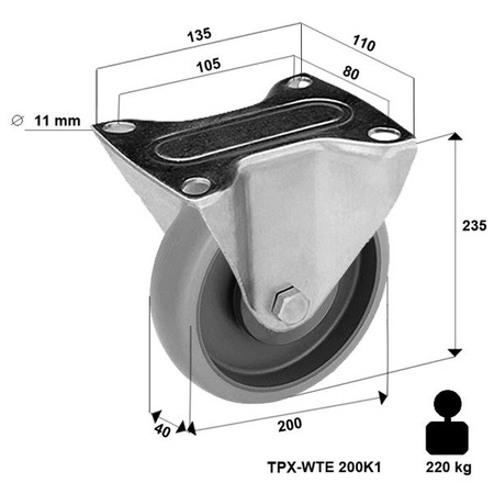 Bockrolle rostfrei mit Plattenbefestigung TPX-WTE 200K1 mit thermoplastischem Gummi/ Tragfähigkeit 220kg / 200mm/ Kugellager