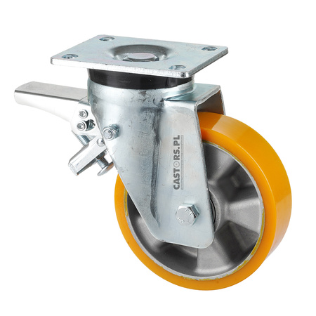 Lenkrolle mit Plattenbefestigung und Bremssystem mit verstärkte Konstruktion CASTKPW-ZPU 200K-HC mit Polyurethan-Laufbelag/ 200 mm/ Tragfähigkeit 1000 kg / Doppelkugellager