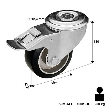 Lenkrolle mit Bolzenbefästigung und Bremssystem KJM-ALGE 100K-HC mit Elastik-Volgummireifen Gehäuse aus Stahlblech Tragfähigkeit 160 kg / 100mm/ Doppelkugellager