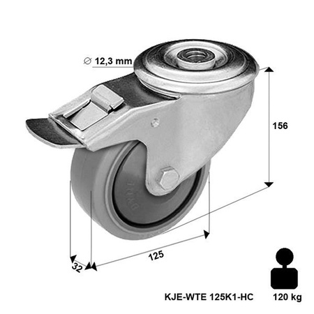 Lenkrolle rostfrei mit Bremssystem und Bolzenbefestigung KJE-WTE 125K1-HC mit thermoplastischem Gummi/ Tragfähigkeit 120 kg / 125mm/ Kugellager