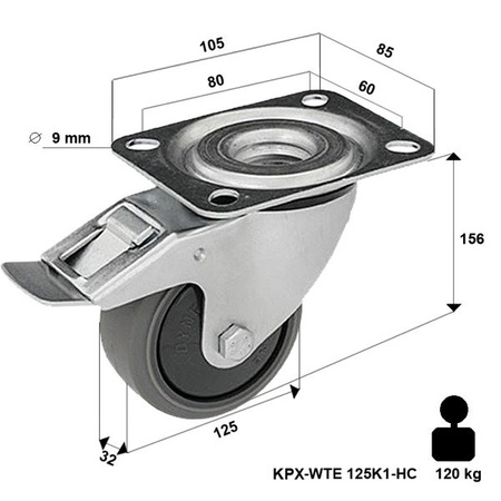 Lenkrolle rostfrei mit Plattenbefestigung und Bremssystem KPX-WTE 125K1-HC mit thermoplastischem Gummi/ Tragfähigkeit 120kg / 125mm/ Kugellager