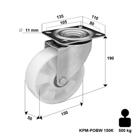 Lenkrolle mit Plattenbefestigung KPM-POOBW 150K mit Polyamid-Rad/ Tragfähigkeit 500kg / 150mm / Doppelkugellager