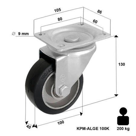 Lenkrolle mit Plattenbefestigung KPM-ALGE 100K mit Elastik-Volgummireifen Gehäuse aus Stahlblech Tragfähigkeit 160kg / 100mm/ Doppelkugellager