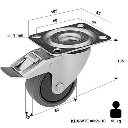 Lenkrolle rostfrei mit Plattenbefestigung und Bremssystem KPX-WTE 80K1-HC mit thermoplastischem Gummi/ Tragfähigkeit 90kg / 90mm/ Kugellager