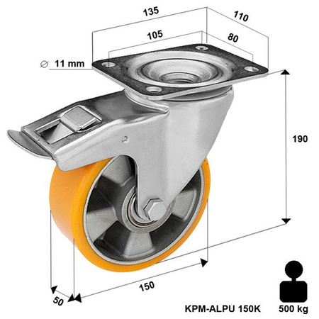 Lenkrolle mit Bremssystem KPM-ALPU 150K-HC mit gegossenem Polyurethan-Laufbelag Tragfähigkeit 500 kg /Durchmesser 150mm/ Doppelkugellager