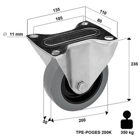 Bockrolle mit Plattenbefestigung TPE-POGES 200K mit Elastik-Vollgummireifen. Tragfähigkeit 350kg / 200mm/ Doppelkugellager