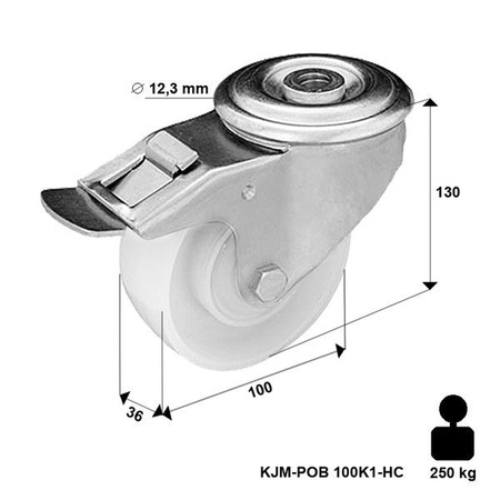 Lenkrolle mit Bolzenbefestigung und Bremssystem KJM-POOB 100K1-HC mit Polyamid-Rad/ Tragfähigkeit 250kg / 100mm / Zentralkugellager