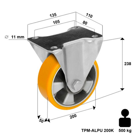 Bockrolle TPM-ALPU 200K mit gegossenem Polyurethan-Laufbelag Tragfähigkeit 500 kg / 200mm/ Doppelkugellager