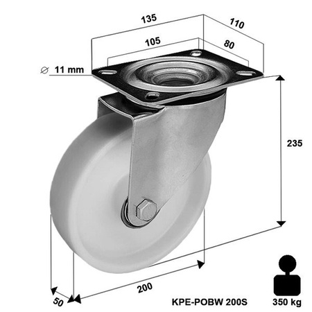 Lenkrolle mit Plattenbefestigung KPE-POB 200S mit Polyamid-Rad/ Tragfähigkeit 350kg / 200mm / Gleitlager