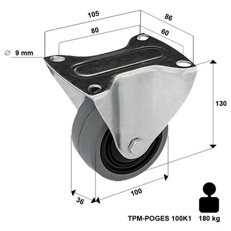 Bockrolle mit Plattenbefestigung TPM-POOGES 100K1 mit Elastik-Vollgummireifen. Tragfähigkeit 160kg / 100mm/ Zentralkugellager