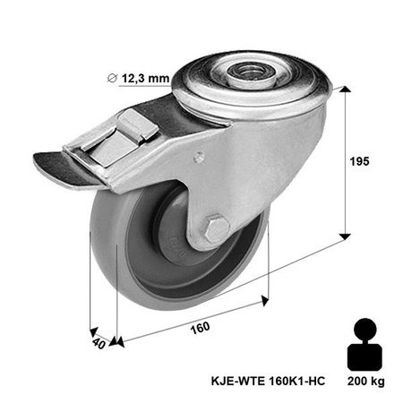 Lenkrolle rostfrei mit Bremssystem und Bolzenbefestigung KJE-WTE 160K1-HC mit thermoplastischem Gummi/ Tragfähigkeit 200 kg / 160mm/ Kugellager