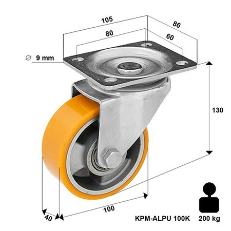 Lenkrolle KPM-ALPU 100K mit gegossenem Polyurethan-Laufbelag Tragfähigkeit 200kg /Durchmesser 100mm/ Doppelkugellager