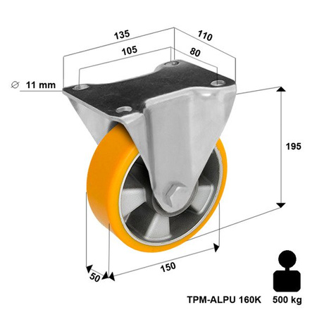 Bockrolle TPM-ALPU 160K mit gegossenem Polyurethan-Laufbelag Tragfähigkeit 500 kg / 160mm/ Doppelkugellager