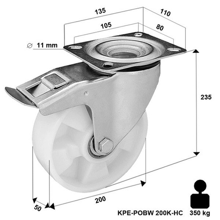 Lenkrolle mit Plattenbefestigung und Bremssystem KPE-POBW 200K-HC mit Polyamid-Rad/ Tragfähigkeit 350kg / 200mm / Doppelkugellager