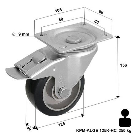 Lenkrolle mit Plattenbefestigung und Bremssystem KPM-ALGE 125K-HC mit Elastik-Volgummireifen Gehäuse aus Stahlblech Tragfähigkeit 220kg / 125mm/ Doppelkugellager