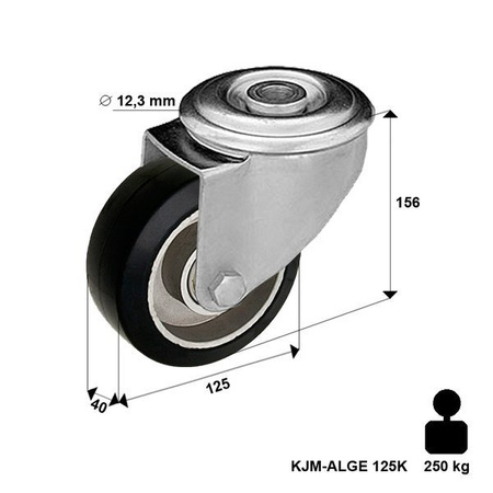 Lenkrolle mit Bolzenbefästigung KJM-ALGE 125K mit Elastik-Volgummireifen Gehäuse aus Stahlblech Tragfähigkeit 220 kg / 125mm/ Doppelkugellager