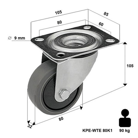 Lenkrolle rostfrei mit Plattenbefestigung KPE-WTE 80K1 mit thermoplastischem Gummi/ Tragfähigkeit 90kg / 80mm/ Kugellager