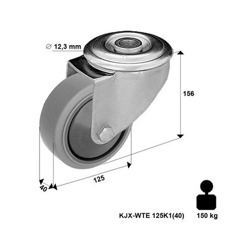 Lenkrolle rostfrei mit Bolzenbefestigung KJX-WTE 125K1(40) mit thermoplastischem Gummi/ Tragfähigkeit 150 kg / 125mm/ Kugellager