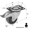 Lenkrolle rostfrei mit Plattenbefestigung und Bremssystem KPX-WTE 80K1-HC mit thermoplastischem Gummi/ Tragfähigkeit 90kg / 90mm/ Kugellager