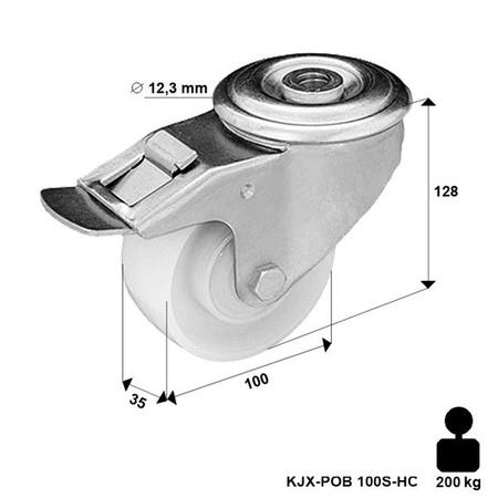  Edelstahlrolle mit Bolzenbefestigung und Bremssystem KJX-POB 100S-HC mit Polyamid-Rad/ Tragfähigkeit 200kg / 100mm / Gleitlager