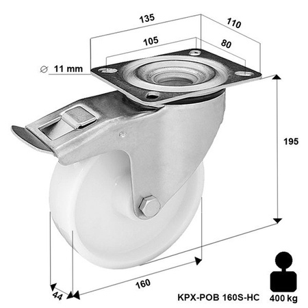  Edelstahlrolle mit Plattenbefestigung und Bremssystem KPX-POB 160S-HC mit Polyamid-Rad/ Tragfähigkeit 400kg / 160mm / Gleitlager