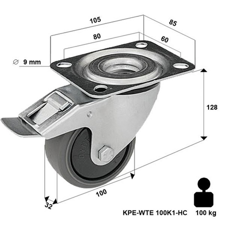 Lenkrolle rostfrei mit Plattenbefestigung und Bremssystem KPE-WTE 100K1-HC mit thermoplastischem Gummi/ Tragfähigkeit 100kg / 100mm/ Kugellager