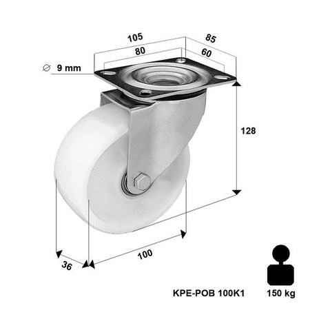 Lenkrolle mit Plattenbefestigung KPE-POB 100K1 mit Polyamid-Rad/ Tragfähigkeit 150kg / 100mm / Zentralkugellager