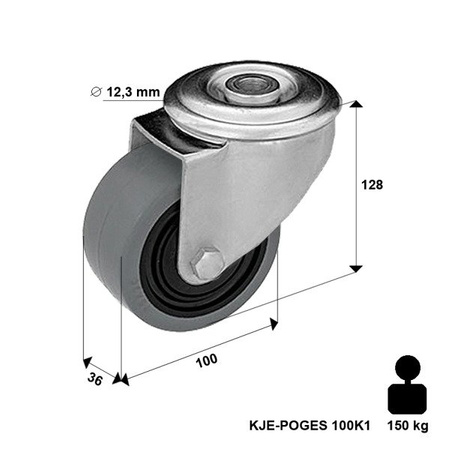 Lenkrolle mit Bolzenbefestigung KJE-POGES 100K1 mit Elastik-Vollgummireifen. Tragfähigkeit 150 kg / 100mm/ Zentralkugellager