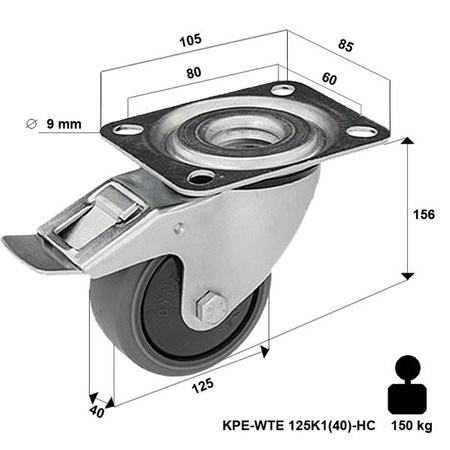 Lenkrolle rostfrei mit Plattenbefestigung und Bremssystem KPE-WTE 125K1(40)-HC mit thermoplastischem Gummi/ Tragfähigkeit 150kg / 125mm/ Kugellager