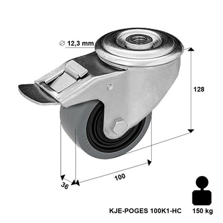 Lenkrolle mit Bolzenbefestigung und Bremssystem KJE-POGES 100K1-HC mit Elastik-Vollgummireifen. Tragfähigkeit 150 kg / 100mm/ Zentralkugellager