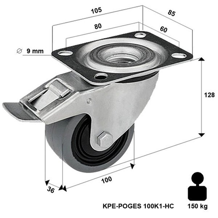 Lenkrolle mit Plattenbefestigung und Bremssystem KPE-POGES 100K1-HC mit Elastik-Vollgummireifen. Tragfähigkeit 150kg / 100mm/ Zentralkugellager