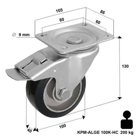 Lenkrolle mit Plattenbefestigung und Bremssystem KPM-ALGE 100K-HC mit Elastik-Volgummireifen Gehäuse aus Stahlblech Tragfähigkeit 160kg / 100mm/ Doppelkugellager