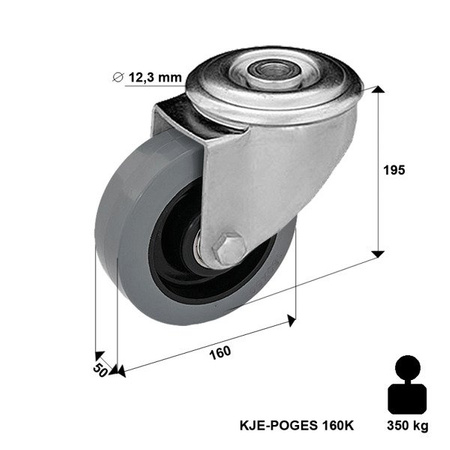 KJE-POGES 160K1 Lenkrolle mit Gummirad, Polyamidfelge. Tragfähigkeit 300 kg / 160 mm / Kugellager