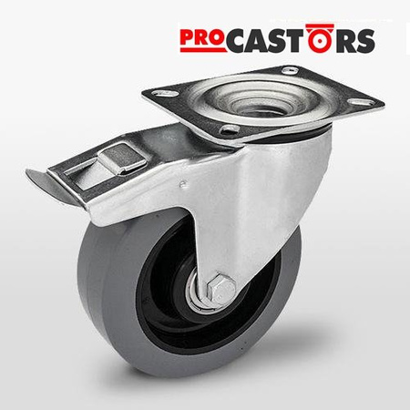 Lenkrolle mit Plattenbefestigung KPM-POOGES 160K-HC mit Elastik-Vollgummireifen. Tragfähigkeit 300kg / 160mm/ Doppelkugellager