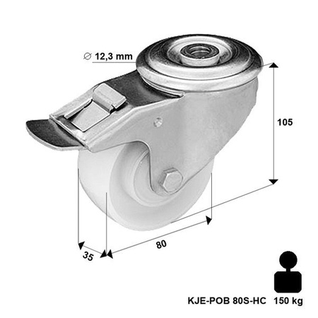 Lenkrolle mit Bolzenbefestigung und Bremssystem KJE-POB 80K1-HC mit Polyamid-Rad/ Tragfähigkeit 150kg / 80mm / Zentralkugellager