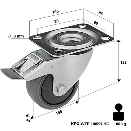 Lenkrolle rostfrei mit Plattenbefestigung und Bremssystem KPX-WTE 100K1-HC mit thermoplastischem Gummi/ Tragfähigkeit 100kg / 100mm/ Kugellager