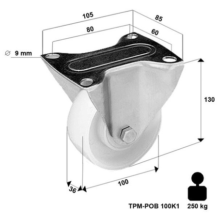 Bockrolle mit Plattenbefestigung TPM-POOB 100K1 mit Polyamid-Rad/ Tragfähigkeit 250kg / 100mm / Zentralkugellager