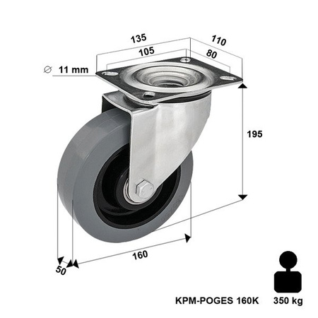 Lenkrolle mit Plattenbefestigung KPM-POOGES 160K mit Elastik-Vollgummireifen. Tragfähigkeit 300kg / 160mm/ Doppelkugellager