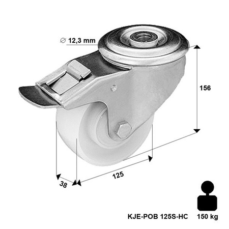 Lenkrolle mit Bolzenbefestigung und Bremssystem KJE-POB 125S-HC mit Polyamid-Rad/ Tragfähigkeit 150kg / 125mm / Gleitlager