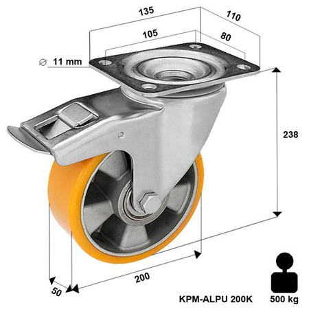 Lenkrolle mit Bremssystem KPM-ALPU 200K-HC mit gegossenem Polyurethan-Laufbelag Tragfähigkeit 500kg /Durchmesser 200mm/ Doppelkugellager