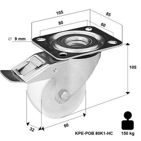 Lenkrolle mit Plattenbefestigung und Bremssystem KPE-POB 80K1-HC mit Polyamid-Rad/ Tragfähigkeit 150kg / 80mm / Zentralkugellager