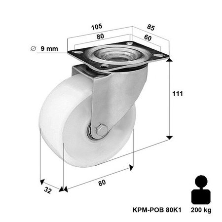 Lenkrolle mit Plattenbefestigung KPM-POOB 80K mit Polyamid-Rad/ Tragfähigkeit 200kg / 80mm / Zentralkugellager