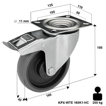 Lenkrolle rostfrei mit Plattenbefestigung und Bremssystem KPX-WTE 160K1-HC mit thermoplastischem Gummi/ Tragfähigkeit 220kg / 200mm/ Kugellager